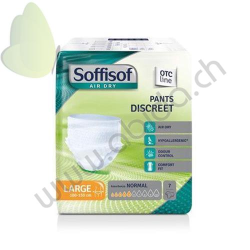 Pantalon Soffisof Air Dry Discreet (LARGE 100-150 cm) (5 gouttes) est une culotte absorbante jetable idéale pour les personnes actives, présentant de légères fuites urinaires - EMBALLAGE 7 pièces