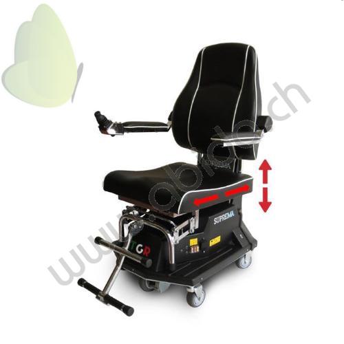 SUPREMA SLIDE - fauteuil roulant électrique aux dimensions réduites pour les environnements intérieurs - mouvement vertical (min.43 -max 73 cm) excursion horizontale 20 cm - largeur maximale 58 cm - accoudoirs relevables - joystick sur l'accoudoir - repos
